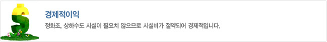 경제적이익
- 정화조, 상하수도 시설이 필요치 않으므로 시설비가 절약되어 경제적입니다.