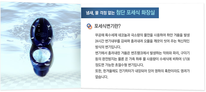 포세식변기란?
무공해 특수세제 네코놀과 극소량의 물만을 사용하여 하얀 거품을 발생 24시간 변기내부를 감싸며 흘러내려 오물을 깨끗이 씻어 주는 혁신적인 방식의 변기입니다. 변기에서 흘러내린 거품은 변조탱크에서 발생하는 악취와 파라, 구더기 등의 완전방지는 물론 온 가족 하루 물 사용량이 수세식에 비하여 1/130 정도면 가능한 초절수형 변기입니다. 또한, 한겨울에도 전기히터가 내장되어 있어 영하의 혹한이라도 염려가 없습니다.